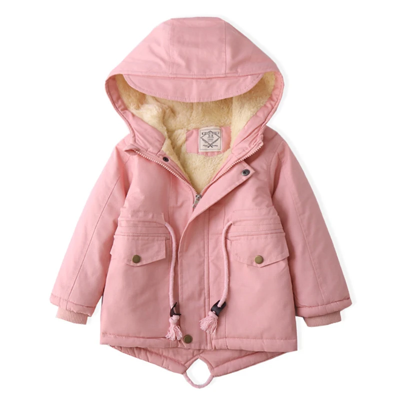 Winter children's hooded plush cotton jacket windbreaker coat New boys and girls medium length Plush waist cotton jacket