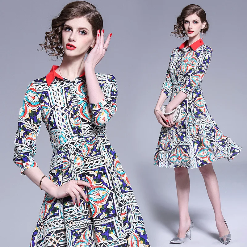 

2019 Spring Clothing New Style WOMEN'S Dress-Style Printed Mulberry Silk Commuting Three-quarter-length Sleeve Slim Fit Waist Hu