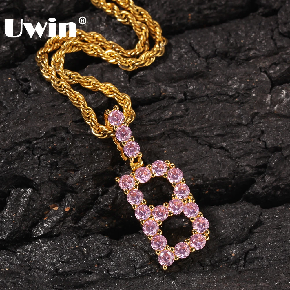 UWIN, розовый, Iced, маленький размер, CZ, теннисная ссылка, первоначальное ожерелье с буквами и кулоном, для женщин, кубический цирконий, серебро/золото, ювелирное изделие