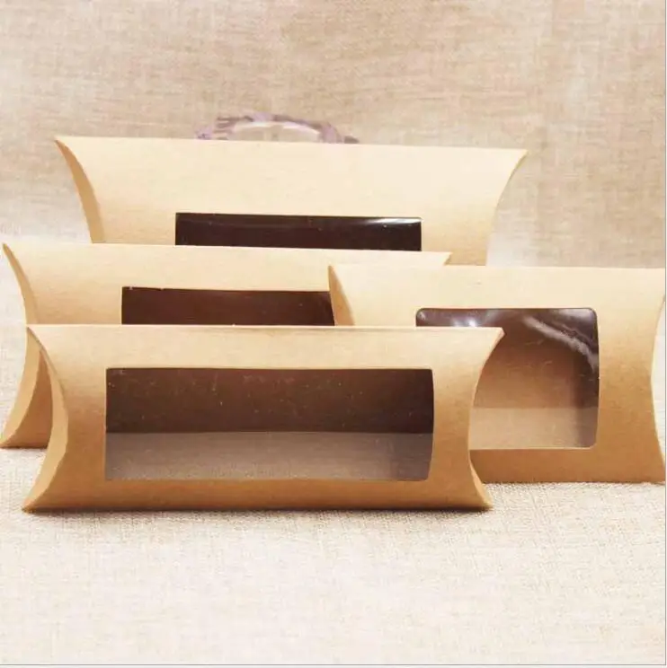 

50pcs Brown Kraft Paper Cardboard Box With Transparent Window Pillow Shape Paper Box For Craft/Gift/Dolls Display Packing Box