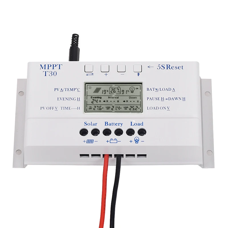 MPPT T30 контроллер солнечного зарядного устройства 30A 12 В 24 в автоматический ЖК-дисплей CE сертифицированный свет и двойной таймер управления напряжения