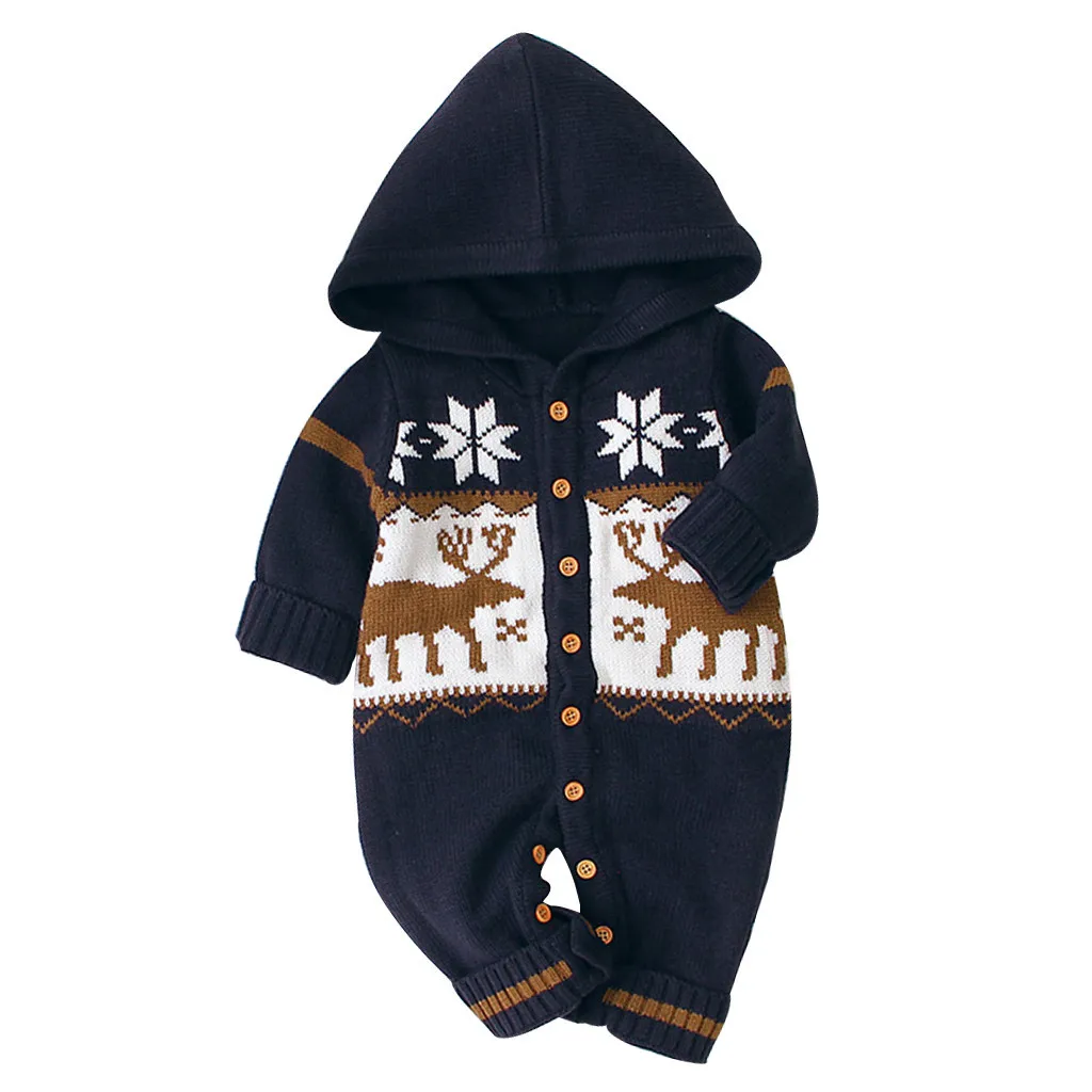 Рождественский комбинезон для новорожденных девочек и мальчиков; трикотажный комбинезон с капюшоном и рисунком оленя; одежда для малышей; свитер; осенне-зимние комбинезоны для детей