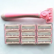 Нержавеющая сталь 6-слойный бритвы дамские ручные удаление волос, лезвия для бритья ног тела, зоны бикини, для бритья машина(1 ручка+ 10