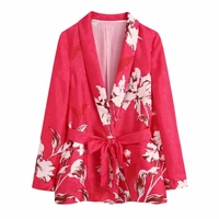 Hot Sale Women Flower Printing Sashes Jacquard Suit Coat Female Long Sleeve Outerwear Casual Lady Loose Tops C1159
