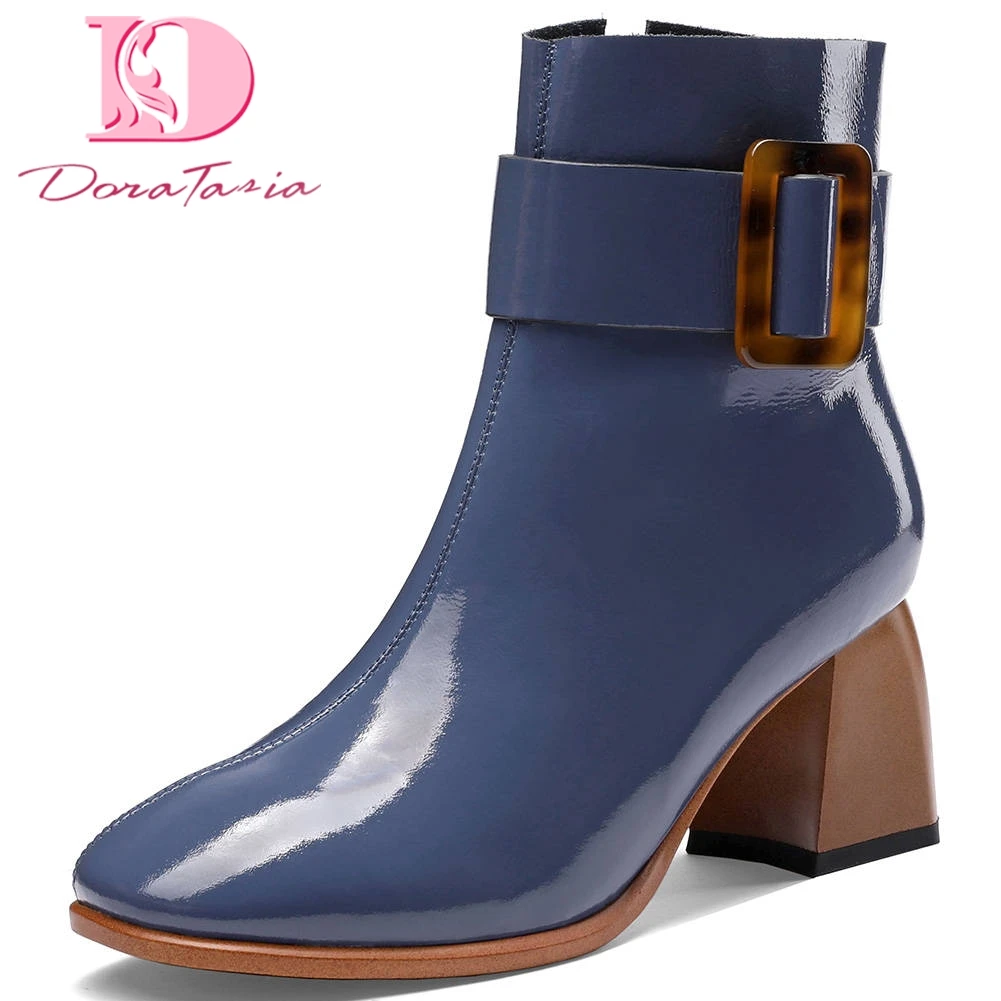 

Doratasia 2020 winter zip up patent leather ankle Boots Woman Shoes Women high heel hoof heels office lady Boots female shoes