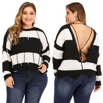 

Plus size women's clothing autumn and winter fat ladies sexy backless black and white striped stitching tassel sweater