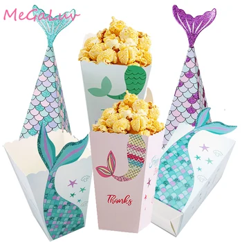 

6/5pcs Purple Green Mermaid Popcorn Boxes Candy Bags Holder Popcorn Containers for Kids Mermaid Party Birthday Party Supplies