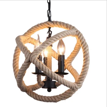 

Hemp Rope Globe Chandelier Retro Industrial Ball Pendant Light Vintage Metal Hanging Lamp E14 for Bedroom Living Room Kitchen