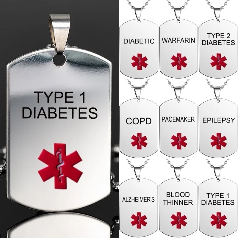 

CHUHAN High Quality Medical Alert Type 1 Diabetes Pendant Necklace Gold Stainless Steel Red Medical Alert Disease Tag Necklaces
