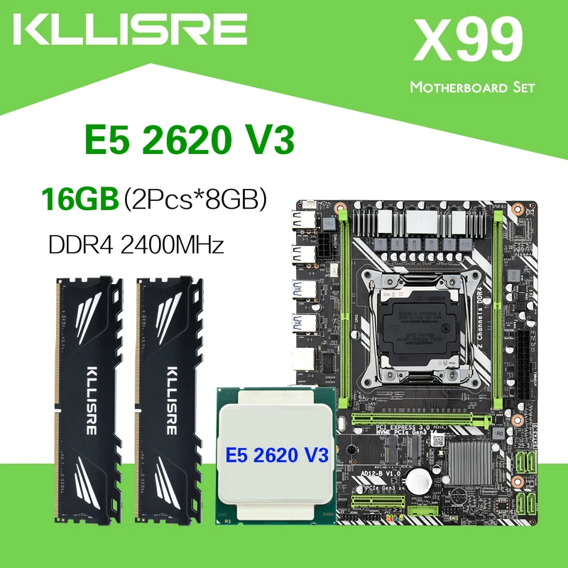 Комплект материнской платы Kllisre X99 D4 с процессором Xeon E5 2620 V3 LGA2011 3 2 шт. X 8 ГБ = 16 Гб 2400
