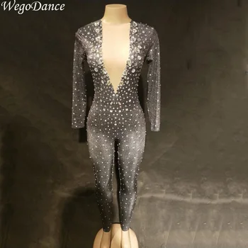 

New Rhinestones Sparkly Jumpsuit Fashion Sexy Big Stretch Dance Costume One-piece jumpsuit Birthday Outfit Party Legging