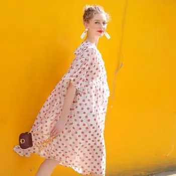

Pregnant Womens Chiffon Dress Summer Fashion Mother Long Loose Polka Dot Printing Short Sleeve Dress Clothes For Pregnant Women