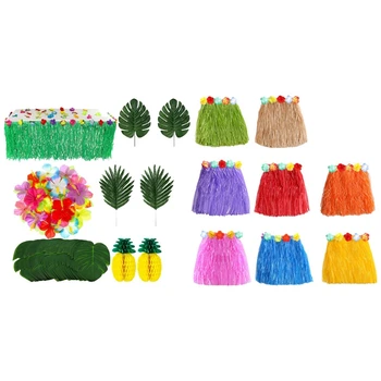 

1set Leis Grass Table Skirt Decor Set for Theme Parties & 8PCS Hawaiian Luau Hula Skirts - Grass Hibiscus Flowers