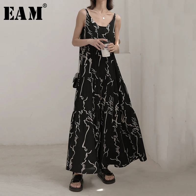 

[EAM] Women Spaghetti Strap Black Pattern Print Long Dress New Sleeveless Loose Fit Fashion Tide Spring Autumn 2020 JZ457
