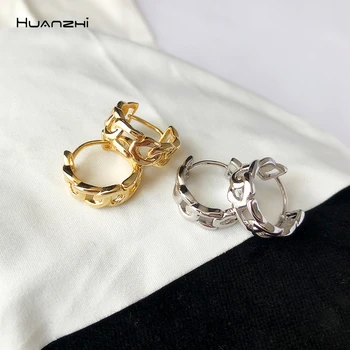 

HUANZHI 2020 Punk Gold Silver Color Metal Chain C Shape Circle Hoop Earrings Geometric Irregular for Women Girls Jewelry