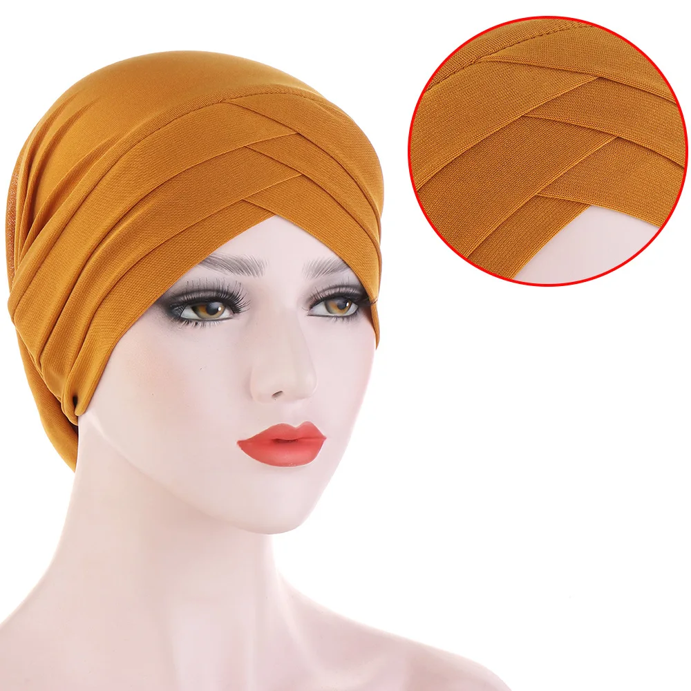 

2021 New Soft Inner Cap Muslim Stretch Turban Hat Islamic Underscarf Bonnet Solid Color Cotton Under Scarf Cross Head Wrap