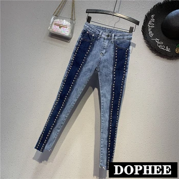 

European Jeans Trousers Woman 2019 Spring and Autumn Color Block Pencil Pants Rivet Stretch Slimming Tight Denim Trousers