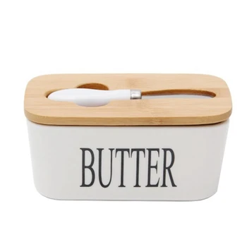 

ELEG-Nordic Butter Sealed Ceramic Box with Butter Whiteboard Wood Cover and Knife Cheese Butter Container Tray