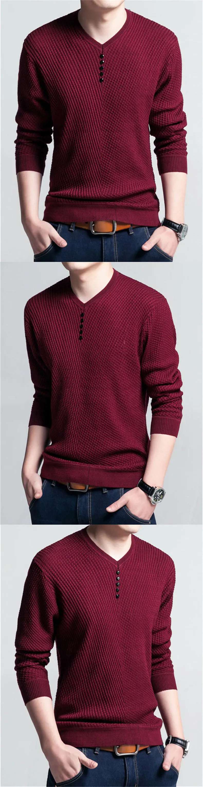 Повседневный мужской свитер с длинным рукавом, модный осенний весенний приталенный пуловер, мужской Однотонный свитер с v-образным вырезом, Мужская Уличная одежда