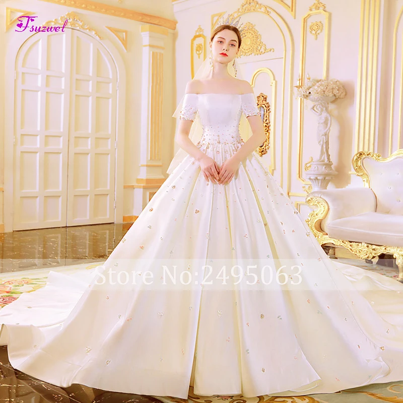 Fsuzwel Vestido de Noiva кружевной вырез лодочкой A-Line Свадебные платья Роскошные, украшенные кристаллами Часовня свадебное платье с длинным подолом плюс размер