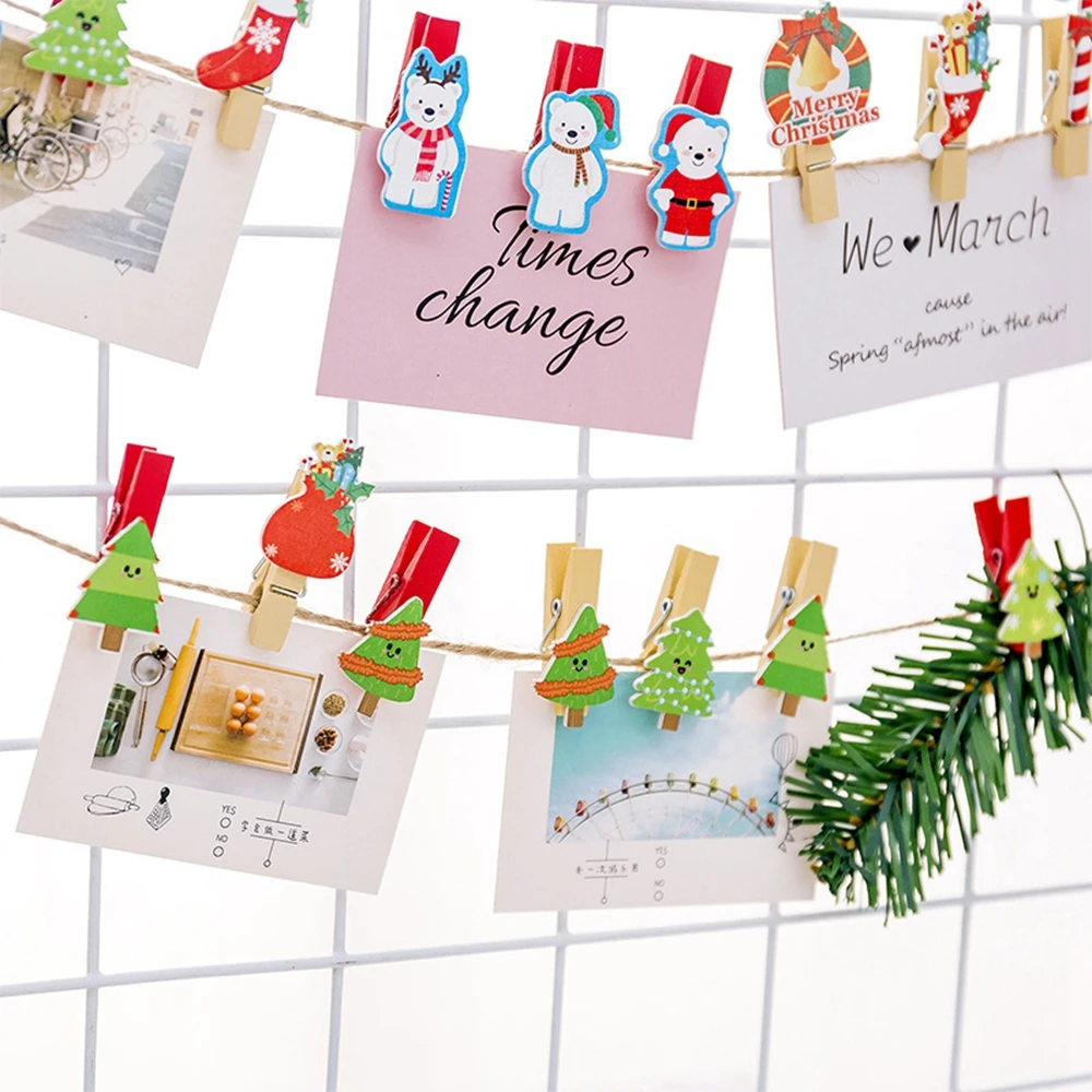 

10 PCS/Set Colorful Christmas Small Clip Hemp Rope Decorative Photo Frame Paper Clip Photo Wall Small Wooden Clip Xmas Decor