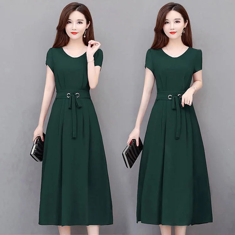 

Large Size Dress Women's 2019 Summer New Style Short Sleeve Mid-length Long Skirts of Belt Slim Fit Slimming A- line Skirt