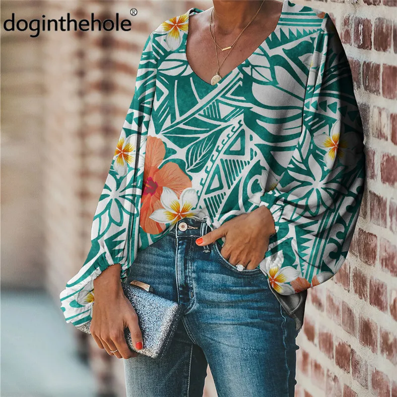 

Doginthehole Women Fashion Long Sleeve Chiffon Blouse Hibisucs With Samoan Tribal Pattern V-Neck Tunic Tops Large Size Shirts