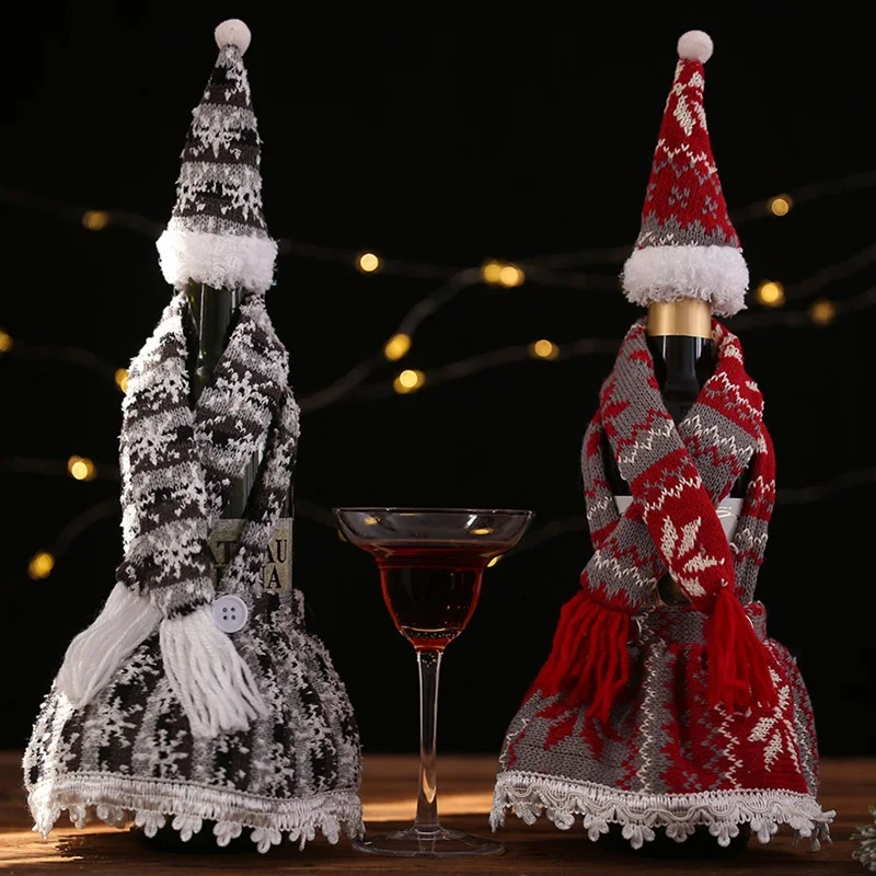 

3PCS Christmas Wine Bottle Cover Decoration Apron Set Wine Bottle Cover Table Wine Bottle Dress Up Props Pink Knitted Wine Cover