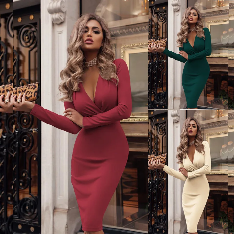 woman party night SexyV collar Long Sleeve Women's Autumn Winter Slim Solid Maxi Dresses Long Dress 2019