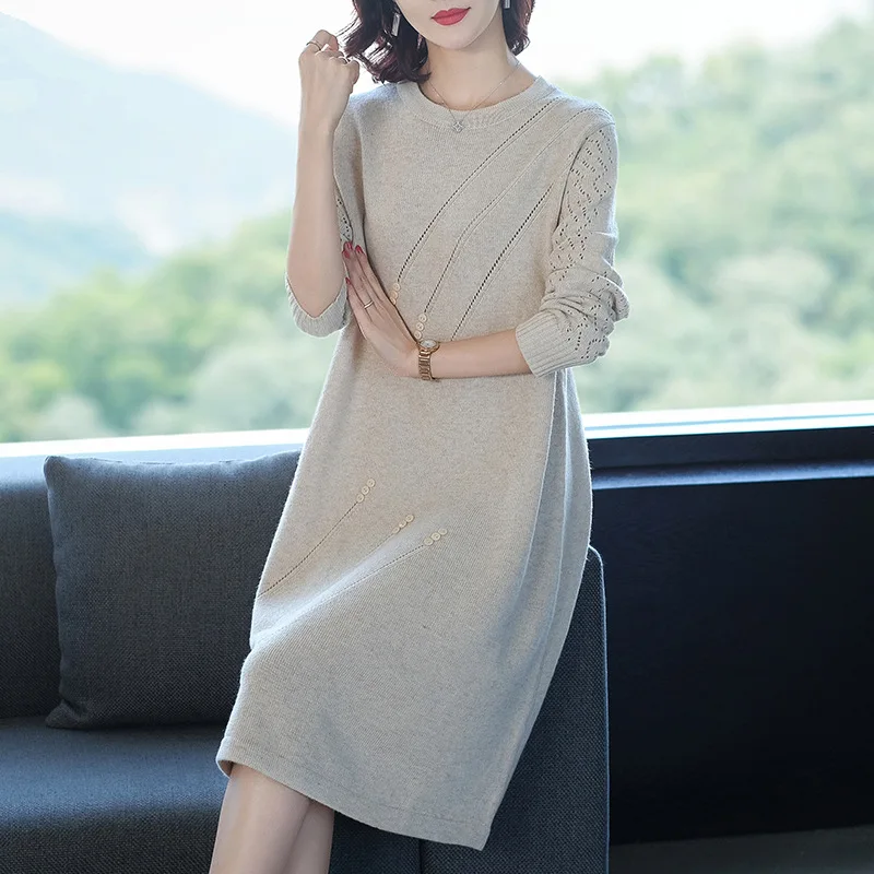 

2019 Autumn And Winter New Products Solid Color Crew Neck Pullover Sweater Dress Hollow out Long Sleeve Loose-Fit Mid-length Jer