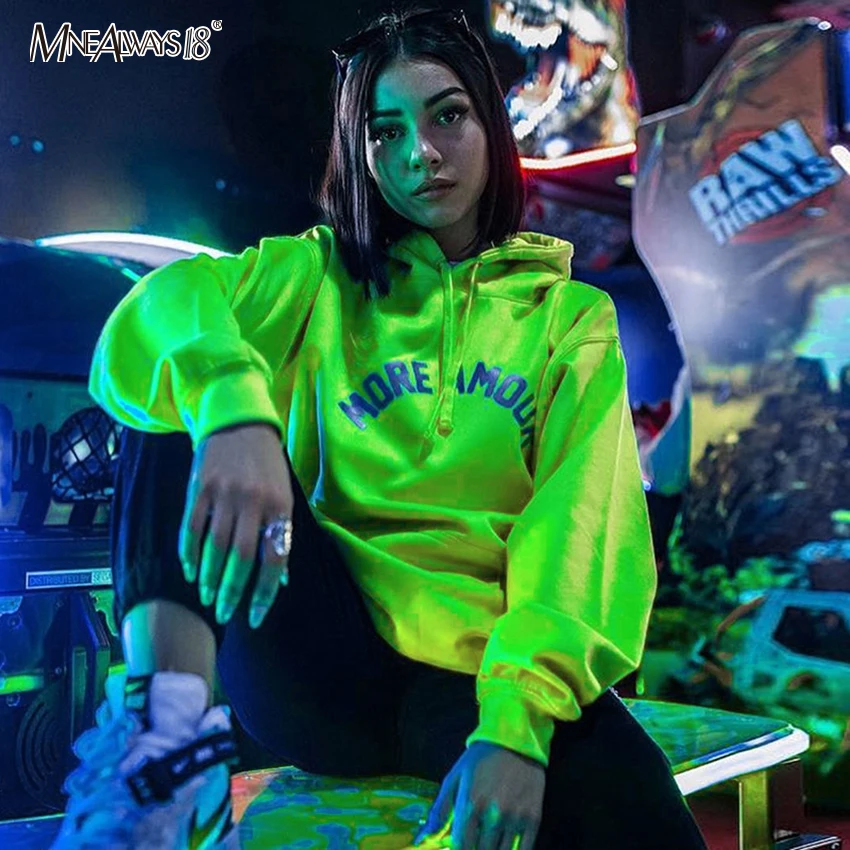 Mnealways18 Светоотражающие толстовка с буквами Для женщин Осень с длинными рукавами и карманами кофты Для женщин s размера плюс толстовки уличная одежда свободного кроя