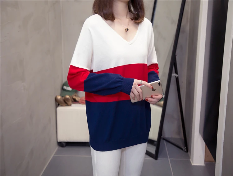 Plus Size Striped Korean Knitted Tops Sweaters Women Autumn Winter Fashion Loose V Neck Ladies Knitwear Oversized Jumpers