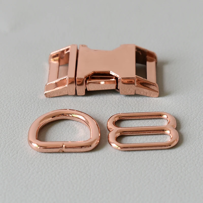 

1 set trio 8 buttons metal dog clasp set for 20mm webbing metal slider DIY pet collar strap bag belt accessory-Rose Gold
