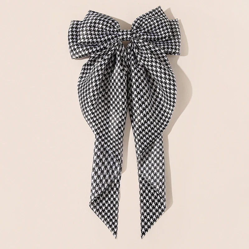 New Large Bow Hairpin Classic Houndstooth Big Bowknot Satin Barrettes Women Girls Long Ribbon Ponytail Clip Hair Accessories |