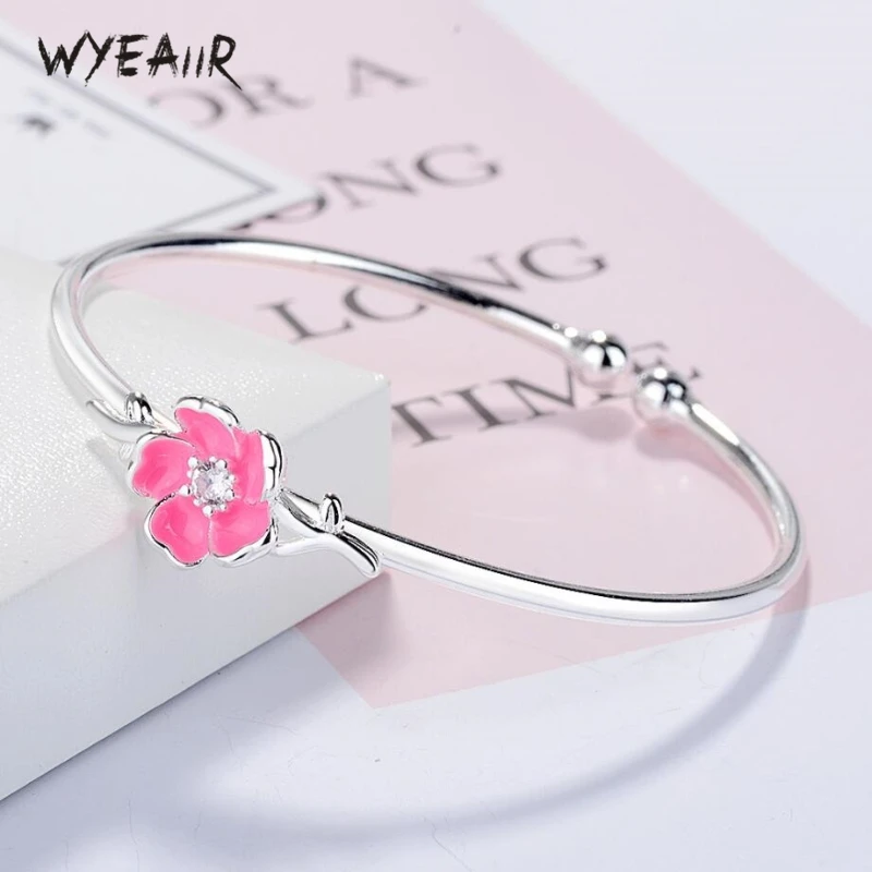 WYEAIIR Sweet Rhinestones Fresh Flowers Literary Romance 925 Sterling Silver Female Resizable Bangles | Украшения и аксессуары