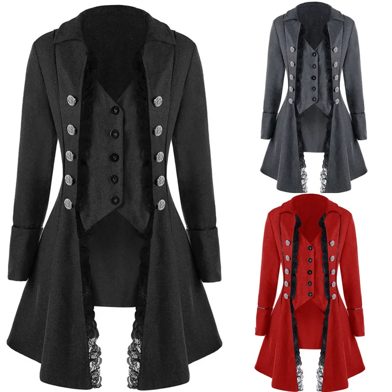 Victorian Women Steampunk Vintage Cosplay Costumes Elegant Party Lace Trench Jackets Slim Vests Coats Stage Gothic Retro Clothes |