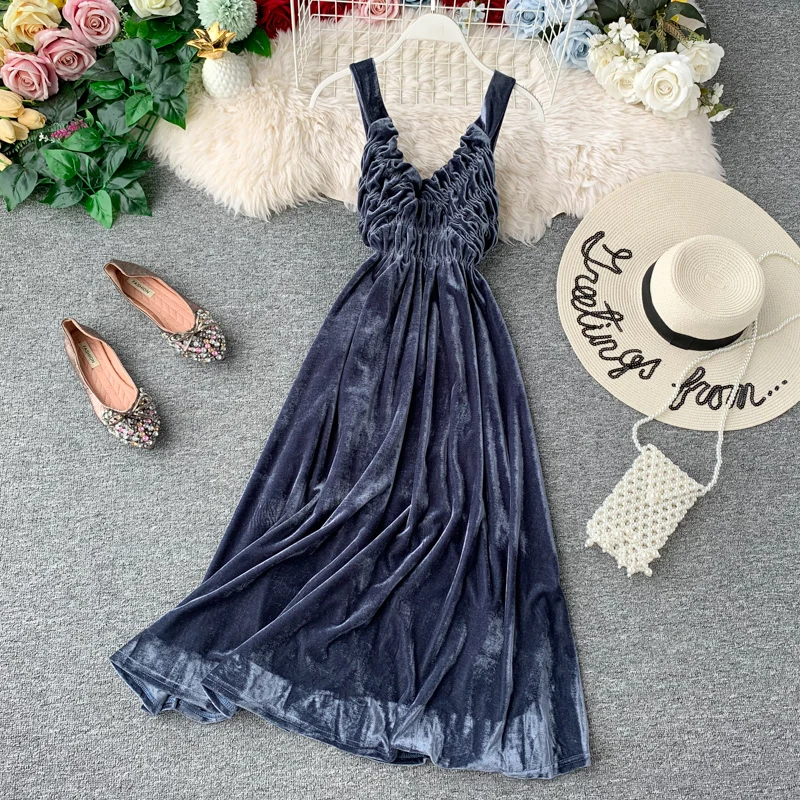 Fashion Sexy Spaghetti Strap Dress 2019 New Autumn Winter Women Solid Slim A-line Party Velvet Robe Ladies Casual Elegant | Женская