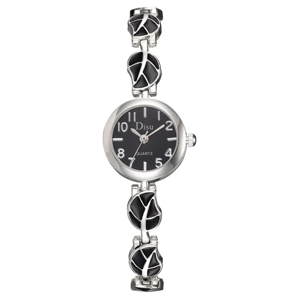 Бренд Disu часы с браслетом женские роскошные часы с кристаллами наручные часы с листом подарок часы женские модные кварцевые часы Reloj Mujer - Цвет: Silver Black