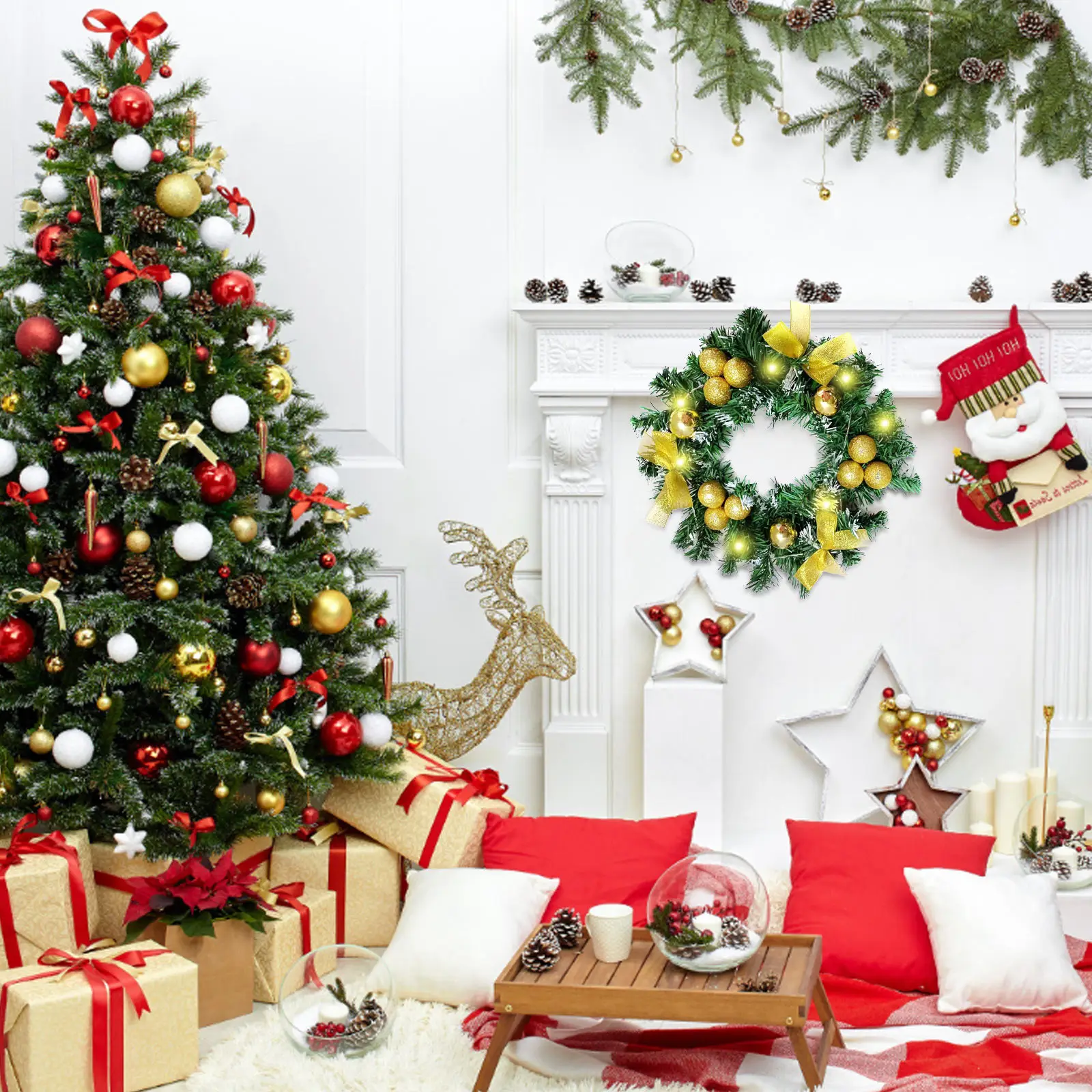 

30CM Artificial Christmas Garland Advent Wreath with Led String Lights Bowknot Ball Ornaments for Xmas Home Party Decor