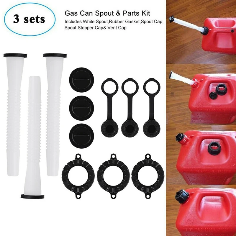 Set of 3 Gas Can Spout Parts Kit Replacement Rubbermade Gasket Vent Cap Fuel Jug 
