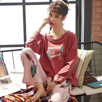 

Leaf Print Cotton Sleepwear Women's Pajamas Loose Pyjama Feminino Casual Home Clothes For Women Girls Home Suit Pijama