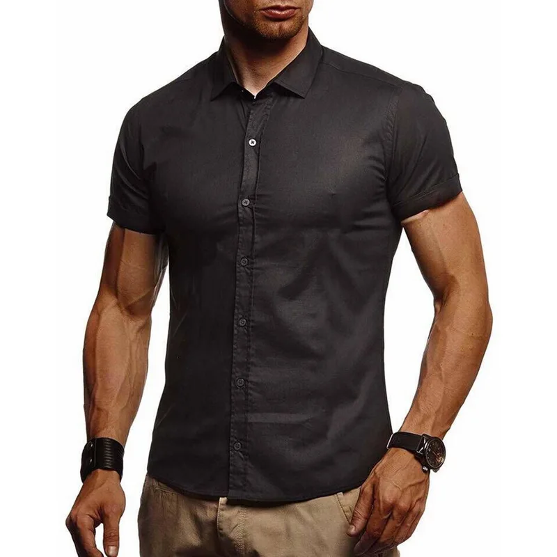 Мужская хлопковая рубашка деловой с короткими рукавами, формальная повседневная рубашка, облегающие топы, однотонные однобортные удобные