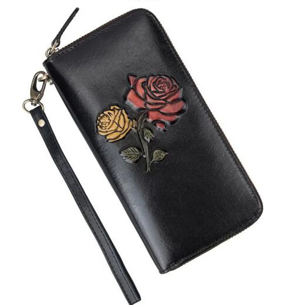 Genuine Embossed Leather Wrist Money Bags Female ID Credit Cards Clips Cash Flower Women Clutch Wallet Zipper Bag Long Purse