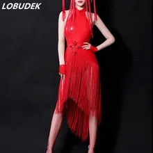 Женская одежда для сцены из искусственной кожи красного цвета, боди с кисточками, юбка, наряд для ночного клуба, вечерние костюмы для выступлений ведущих танцоров