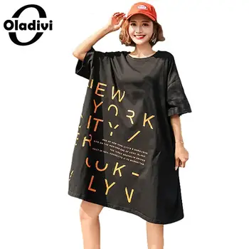 

Oladivi Plus Size Women Clothing 2010 Summer New Fashion Letter Print T-Shirt Short Sleeve Black Top Tee Shirts Female Tunic 7XL