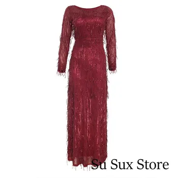 

African Evening Dresses For Women Wedding Party Dress Sequins Tassels O-Neck Long Sleeve Long Dress Robe Christmas Party Autumn