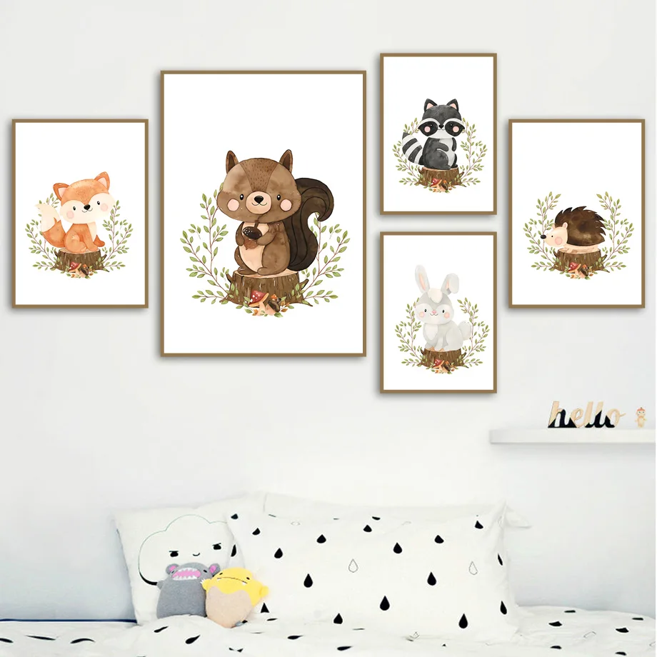 Fox-Rabbit-Bear-Raccoon-Hedgehog-Squirrel-Nursery-Wall-Art-Canvas-Painting-Posters-And-Prints-Wall-Pictures