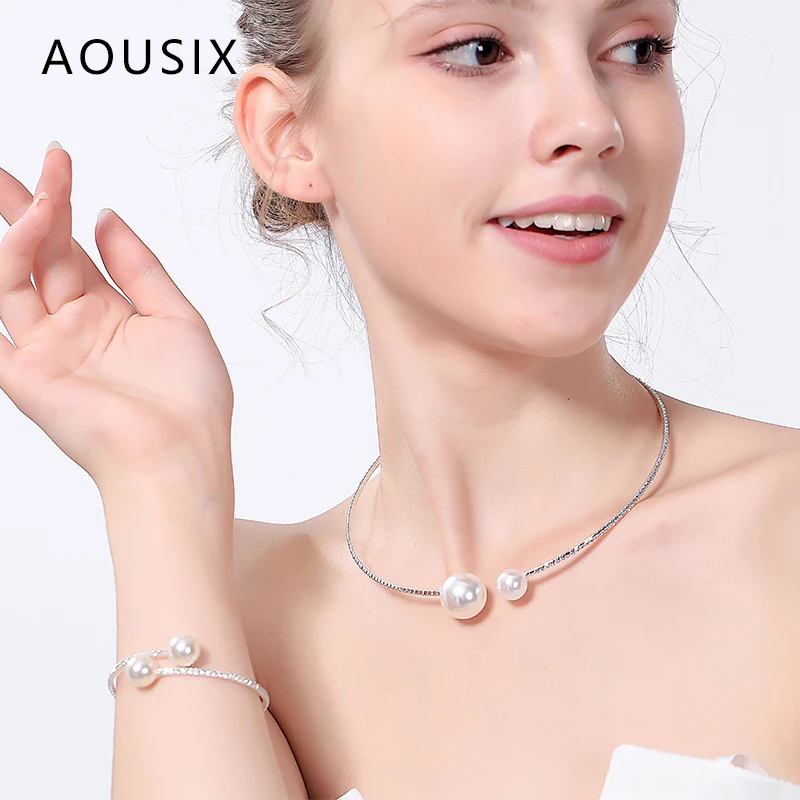 AOUSIX, простой кристалл, жемчуг, Свадебные Ювелирные наборы, стразы, модные свадебные ювелирные изделия, серебряный цвет, ожерелье, браслет, наборы для женщин