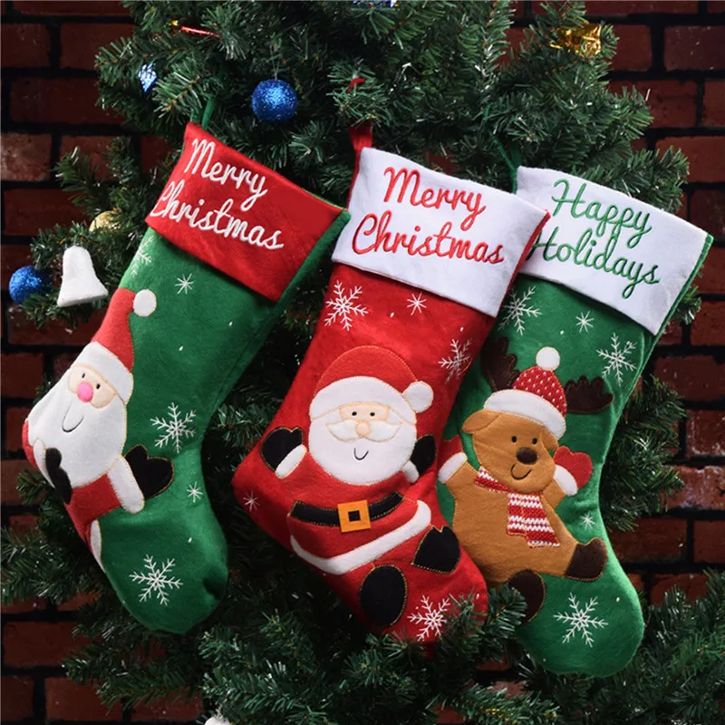 

1 pcs Christmas Stockings Socks with Snowman Santa Elk Bear Printing Candy Gift Bag Fireplace Decoration New Year