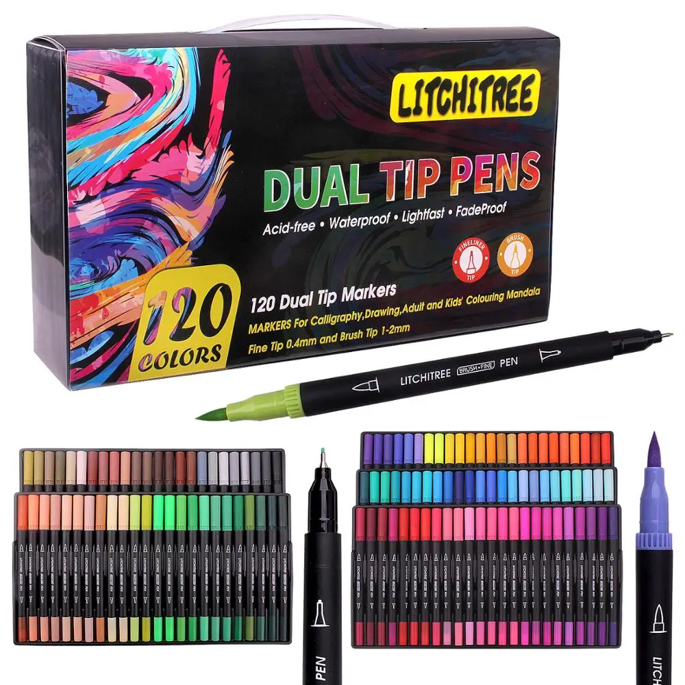 Fineliner-marcadores de punta de cepillo para colorear, rotulador de agua, dibujo y caligrafía, 120 colores
